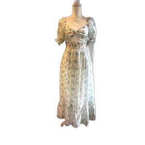 Cottagecore Floral Maxi Dress Sz S Puff Sleeves Ruffles Bow Smocked Signify